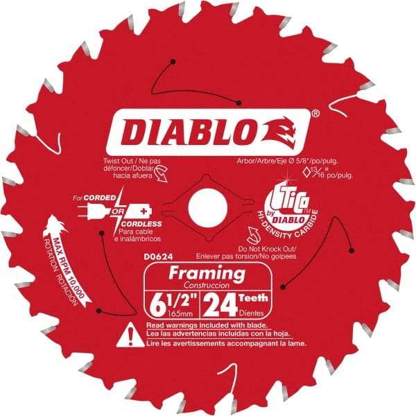 Freud - 6-1/2" Diam, 5/8" Arbor Hole Diam, 24 Tooth Wet & Dry Cut Saw Blade - Carbide-Tipped, Standard Round Arbor - Strong Tooling