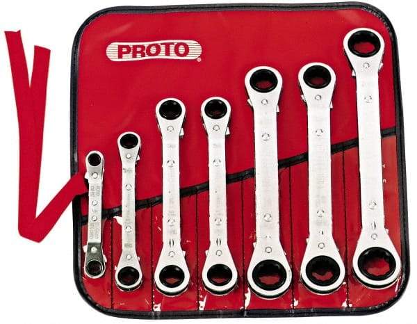 Proto - 7 Piece, 7mm to 21mm, 6, 12 Point Ratcheting Box Wrench Set - Metric Measurement Standard, Chrome Finish, Comes in Pouch - Strong Tooling