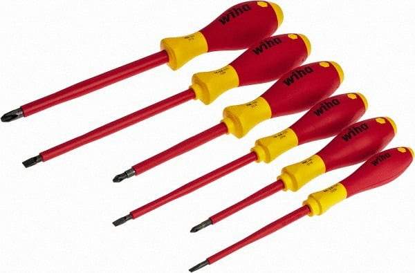 Wiha - 6 Piece Phillips & Slotted Screwdriver Set - Round Shank, Insulated Handle, Bit Sizes: Philips #1 to #3, Tip Thickness: 9/64, 3/16 & 1/4 - Strong Tooling