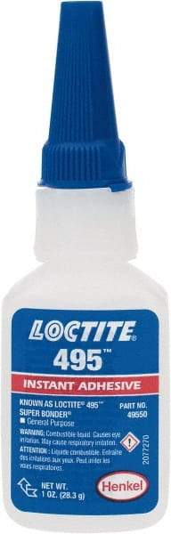 Loctite - 1 oz Bottle Clear Instant Adhesive - Series 495, 20 sec Fixture Time, 24 hr Full Cure Time, Bonds to Metal, Plastic & Rubber - Strong Tooling