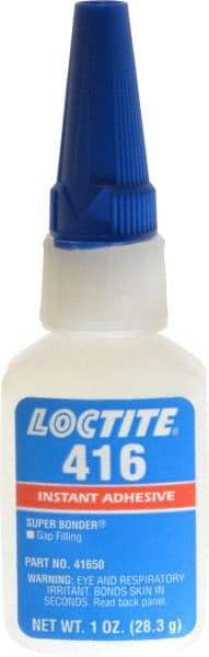 Loctite - 1 oz Bottle Clear Instant Adhesive - Series 416, 30 sec Fixture Time, 24 hr Full Cure Time, Bonds to Metal, Plastic & Rubber - Strong Tooling