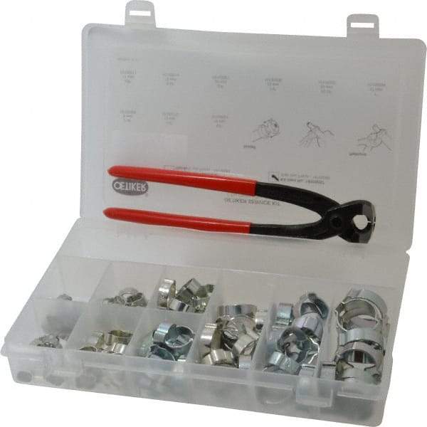 Oetiker - 124 Piece, 5/16 to 1" Diam, 2-Ear Service Clamp Kit - 123 Clamps & 1 Zinc Plated Side Jaw Pincers - Strong Tooling