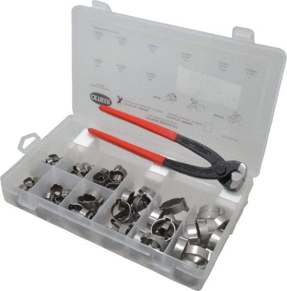 Oetiker - 124 Piece, 5/16 to 1" Diam, 2-Ear Service Clamp Kit - 123 Clamps & 1 Stainless Steel Standard Jaw Pincer - Strong Tooling