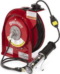 Reelcraft - 16 AWG, 50' Cable Length, Cord & Cable Reel with LED Light End - 1 Outlet, NEMA 5-15R, 13 Amps, 125 Volts, SJTOW Cable, Red Reel, Spring Driven Reel - Strong Tooling