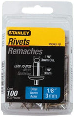 Stanley - Steel Color Coded Blind Rivet - Steel Mandrel, 0.062" to 1/8" Grip, 1/4" Head Diam, 0.125" to 0.133" Hole Diam, 0.275" Length Under Head, 1/8" Body Diam - Strong Tooling