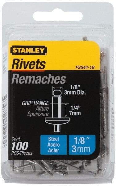 Stanley - Steel Color Coded Blind Rivet - Steel Mandrel, 3/8" to 1/2" Grip, 1/4" Head Diam, 0.125" to 0.133" Hole Diam, 0.65" Length Under Head, 1/8" Body Diam - Strong Tooling