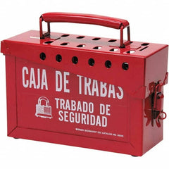 Group Lockout Boxes; Portable or Wall Mount: Portable; Maximum Number of Padlocks: 40; Legend: Caja De Trabas Trabado De Seguridad; Color: Red; Box Material: Steel; Label Language: Spanish; Overall Height (Inch): 6; 6 in; Overall Width (Inch): 9; Overall