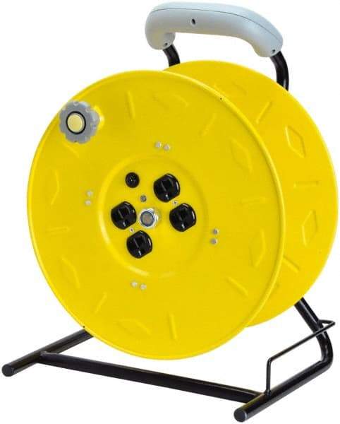 Value Collection - 12 AWG, 100' Cable Length, Cord & Cable Reel with Outlet End, No Cable - 4 Outlets, NEMA 5-15R, 15 Amps, 125 Volts, SO Cable, Yellow Reel, Hand Crank Reel - Strong Tooling