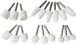 Value Collection - 18 Piece, 1/4" Shank Diam, Wool Felt Bob Set - Medium Density, Includes Ball, Cone, Cylinder, Flame, Olive & Oval Bobs - Strong Tooling