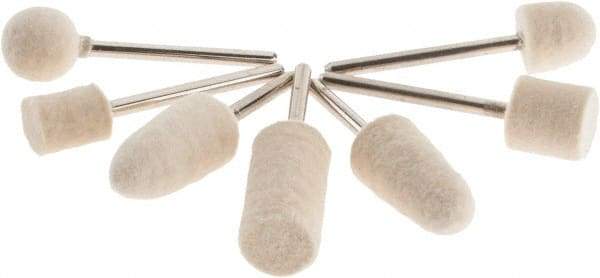 Value Collection - 7 Piece, 1/8" Shank Diam, Wool Felt Bob Set - Medium Density, Includes Ball, Cone, Cylinder, Flame, Olive & Oval Bobs - Strong Tooling