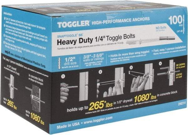 Toggler - 1/4" Screw, 6-1/4" Long, 3/8 to 3-5/8" Thick, Toggle Bolt Drywall & Hollow Wall Anchor - 1/4 - 20" Thread, 1/2" Drill, Zinc Plated, Steel, Grade 1010, Use in Drywall - Strong Tooling