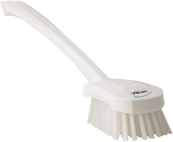 Vikan - 1.3" Bristle Length, Polyester Scrub Brush - 4" Long x 2-3/4" Wide Head, 15-3/4" OAL, White, Polypropylene Block - Strong Tooling