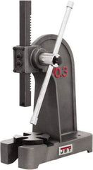 Jet - 1/2" Ram, 7-7/8" Throat Depth, 2 Ton Manual Arbor Press - 7-7/8" Max Work Height x 11-3/8" Max Work Width, Single Leverage, 6-3/8" Base Width x 17" Base Depth - Strong Tooling