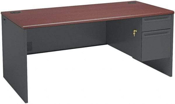 Hon - Steel-Reinforced High-Pressure Laminate/Metal Right Pedestal Desk - 66" Wide x 30" Deep x 29" High, Mahogany/Charcoal - Strong Tooling