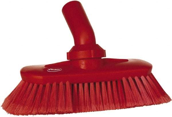 Vikan - 1-1/2" Bristle Length, Polyester Wash Brush - 7-3/4" Long x 3" Wide Head, 8" OAL, European Threaded Handle, Red, Polypropylene Block, Flagged - Strong Tooling