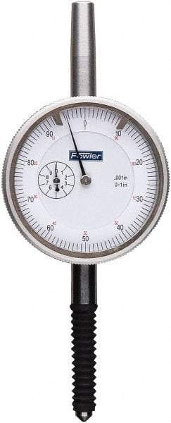 Fowler - 1" Range, 0-100 Dial Reading, 0.001" Graduation Dial Drop Indicator - 2-1/4" Dial, 0.1" Range per Revolution, 0.001" Accuracy, Revolution Counter - Strong Tooling