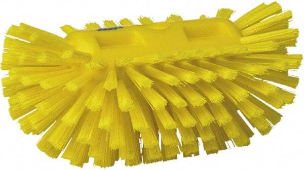 Vikan - 1-1/2" Bristle Length, Polyester Utility Scrub Brush - 5-1/2" Wide Head, 8" OAL, European Threaded Handle, Yellow, Polypropylene Block - Strong Tooling