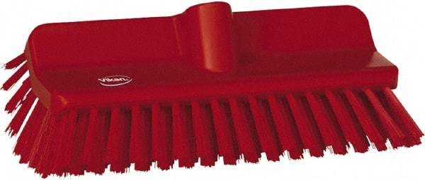 Vikan - 1-1/2" Bristle Length, Polyester Cleaning & Finishing Brush - 9-5/8" Long x 5" Wide Head, 10" OAL, European Threaded Handle, Red, Polypropylene Block - Strong Tooling