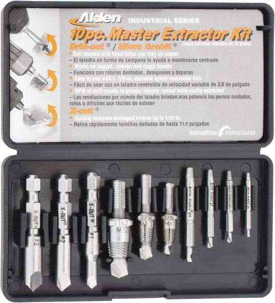 Alden - 10 Piece Screw Extractor/Drill Set - #4 to 1/2 Size Range - Strong Tooling