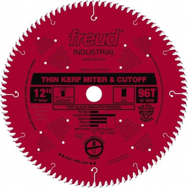 Freud - 12" Diam, 1" Arbor Hole Diam, 96 Tooth Wet & Dry Cut Saw Blade - Carbide-Tipped, Standard Round Arbor - Strong Tooling