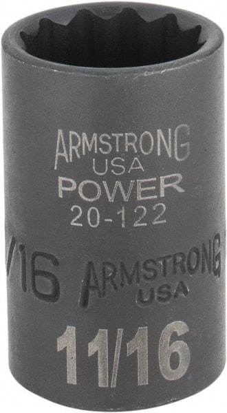 Armstrong - 11/16", 1/2" Drive, Standard Hand Socket - 12 Points, 1-29/64" OAL, Black Finish - Strong Tooling