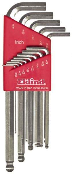 Eklind - 13 Piece L-Key Ball End Hex Key Set - Hex Range 0.05 to 3/8", Alloy Steel - Strong Tooling