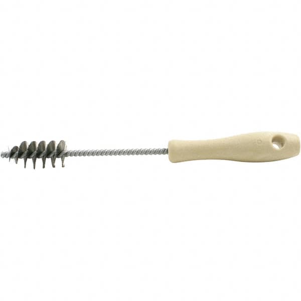 Brush Research Mfg. - 0.975" Diam Helical Stainless Steel Tube Brush - Single Spiral, 0.006" Filament Diam, 2" Brush Length, 10-1/2" OAL, 0.245" Diam Plastic Handle Shank - Strong Tooling