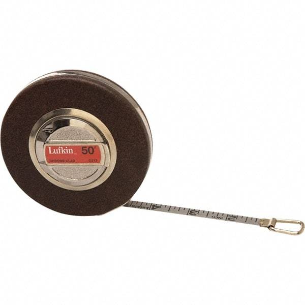 Lufkin - 100' x 3/8" Silver Steel Blade Tape Measure - 1/16" Graduation, Inch Graduation Style, Chrome Steel Case - Strong Tooling