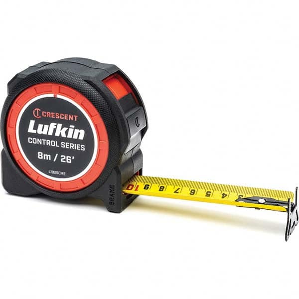 Tape Measure: 26' Long, 1-3/16″ Width, Black & Yellow Blade 1 mm Graduation, A28 Graduation, Black & Red Case