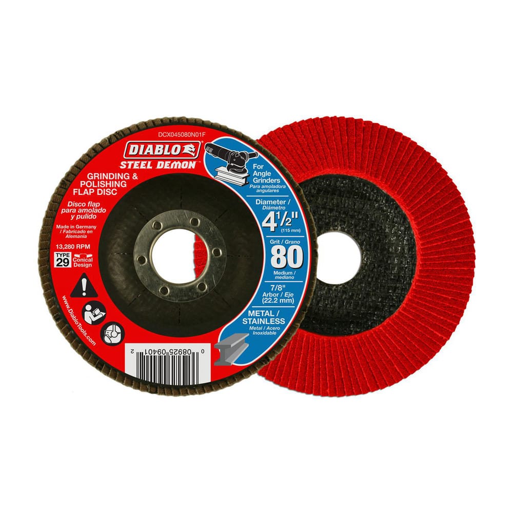 Flap Discs; Flap Disc Type: Type 29; Disc Diameter (Decimal Inch): 4-1/2; Center Hole Size: 7/8; Grade: Medium; Grit: 80; Maximum Rpm: 13280.000; Disc Color: Red; Black