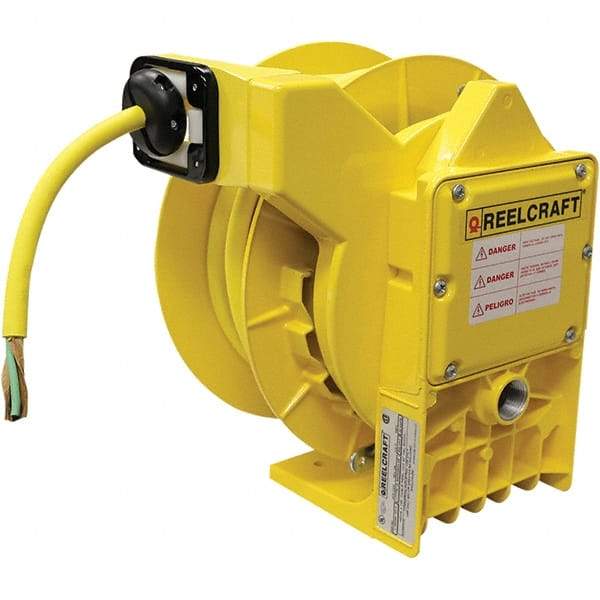 Reelcraft - 12 AWG, 50' Cable Length, Cord & Cable Reel with Flying Lead End - 0 Outlets, NEMA 4, 18 Amps, 600 Volts, SOW Cable, Yellow Reel - Strong Tooling