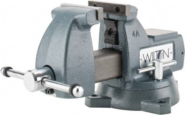 Wilton - 4" Jaw Width x 4-1/2" Jaw Opening Capacity, 3-7/16" Throat Depth, Bench & Pipe Combination Vise - 1/4 to 2" Pipe Capacity, Swivel Base, Bolt Down Attachment, Ductile Iron - Strong Tooling