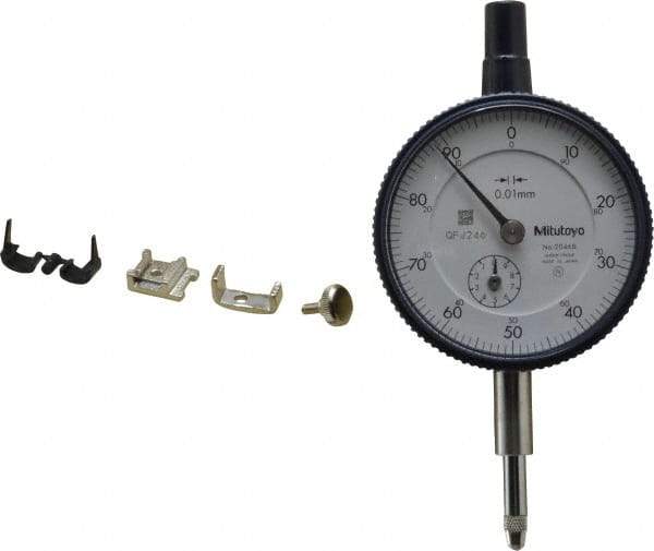 Mitutoyo - 10mm Range, 0-100 Dial Reading, 0.01mm Graduation Dial Drop Indicator - 2-3/16" Dial, 1mm Range per Revolution, 0.013mm Accuracy, Revolution Counter - Strong Tooling