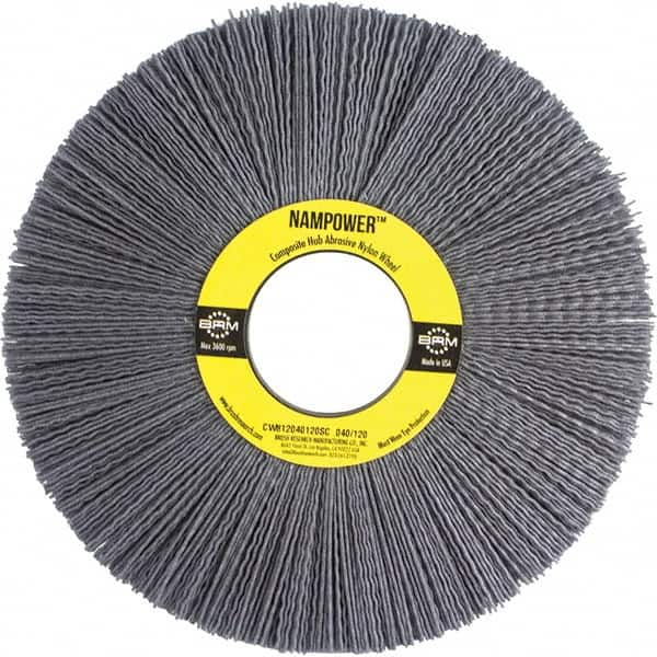 Brush Research Mfg. - 8" OD, 2" Arbor Hole, Crimped Abrasive Nylon Wheel Brush - 1" Face Width, 2-1/2" Trim Length, 3,600 RPM - Strong Tooling