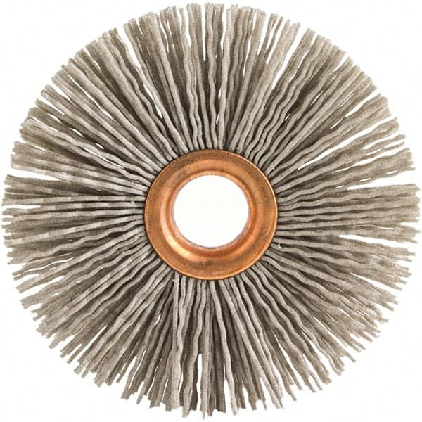 Brush Research Mfg. - 1-1/2" OD, 3/8" Arbor Hole, Crimped Abrasive Nylon Wheel Brush - 5/16" Face Width, 3/8" Trim Length, 20,000 RPM - Strong Tooling