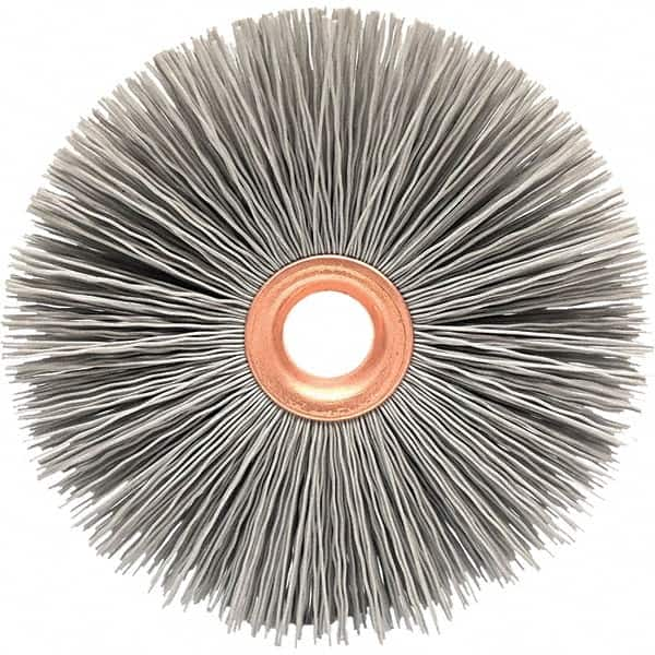 Brush Research Mfg. - 3" OD, 1/2" Arbor Hole, Crimped Abrasive Nylon Wheel Brush - 1/2" Face Width, 1" Trim Length, 20,000 RPM - Strong Tooling