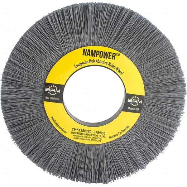 Brush Research Mfg. - 6" OD, 2" Arbor Hole, Crimped Abrasive Nylon Wheel Brush - 1/2" Face Width, 1-1/2" Trim Length, 3,600 RPM - Strong Tooling