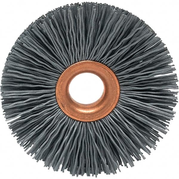 Brush Research Mfg. - 1-1/4" OD, 3/8" Arbor Hole, Crimped Abrasive Nylon Wheel Brush - 5/16" Face Width, 1/4" Trim Length, 20,000 RPM - Strong Tooling