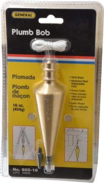 General - 5-3/4 Inch Long, 1-1/2 Inch Diameter Brass Plumb Bob - 16 Ounce, Has Replacable Tip - Strong Tooling