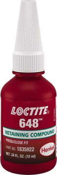 Loctite - 10 mL, Green, High Strength Gel Retaining Compound - Series 648, 24 hr Full Cure Time - Strong Tooling