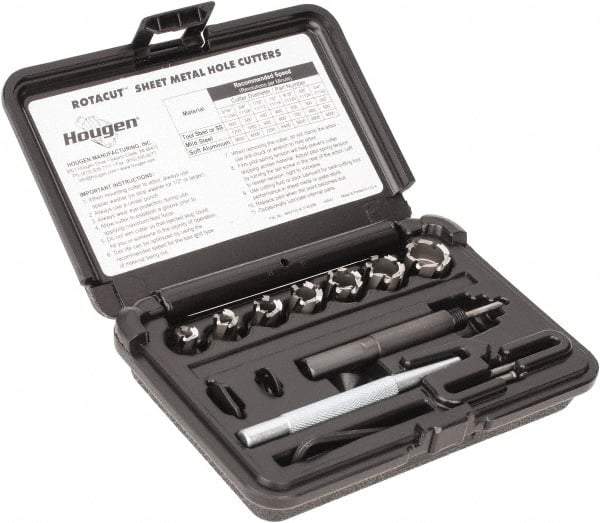 Hougen - 10 Piece, 5/16 to 3/4" Cutter Diam, 1/4" Cutting Depth, High Speed Steel Annular Cutter Set - Bright Finish, 3/8" Shank Diam, 5/16, 3/8, 7/16, 1/2, 9/16, 5/8, 3/4" Cutter Diams - Strong Tooling