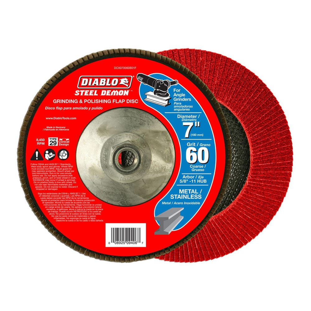 Flap Discs; Flap Disc Type: Type 29; Disc Diameter (Decimal Inch): 7; Center Hole Size: 5/8-11; Grade: Coarse; Grit: 60; Maximum Rpm: 8450.000; Disc Color: Red; Black