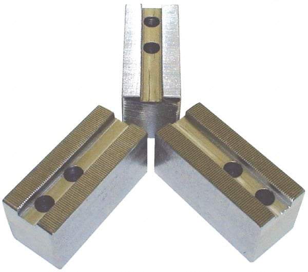 H & R Manufacturing - 3/32 x 90° Serrated Attachment, Square Soft Lathe Chuck Jaw - 3 Jaws, Steel, 1-9/16" Btw Mount Hole Ctrs, 6-1/4" Long x 2-1/2" Wide x 3" High, 1" Groove - Strong Tooling