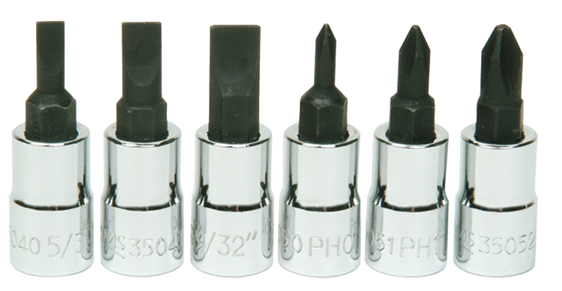 6 Piece - #9309068 - #0; #1; #2 Phillips; 5/32; 7/32; 9/32" Slotted - 1/4" Drive - Socket Drive Hex Bit Set - Strong Tooling