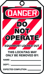 Lockout Tag, Danger Do Not Operate Equipment Locked Out, 25/Pk, Plastic - Strong Tooling