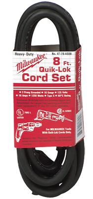 #48-76-4008 - Fits: Most Milwaukee 3-Wire Quik-Lok Cord Sets @ 8' - Replacement Cord - Strong Tooling