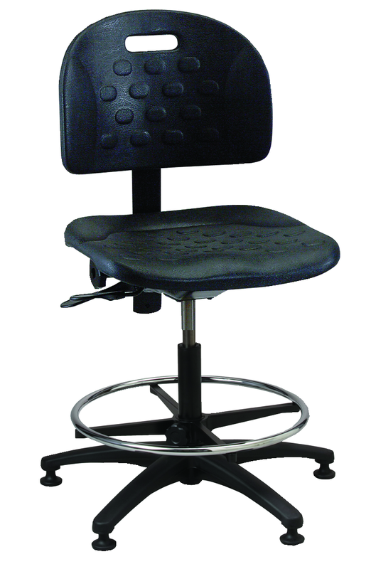 Black Polyurethane Task Stool - Adj. Contoured Backrest, Waterfall Seat, Seat and Back Tilt,  Glides Standard, Pneu Hgt. Adj., 20" Adj. Footring, Black Plastic ABS Base, Bench Hgt 23.5"-33.5" - Strong Tooling